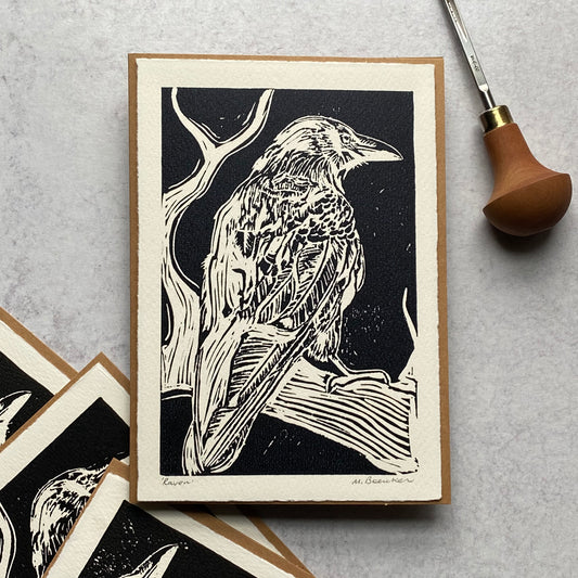 Raven hand-printed card