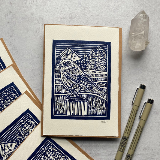 Bluebird hand-printed card (in blue)