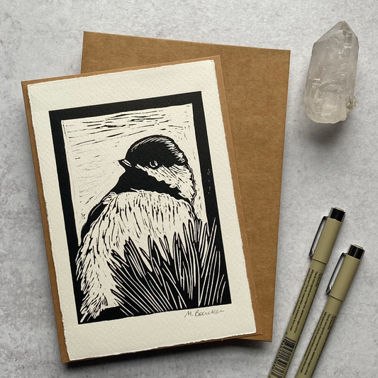 Peering Chickadee hand-printed card