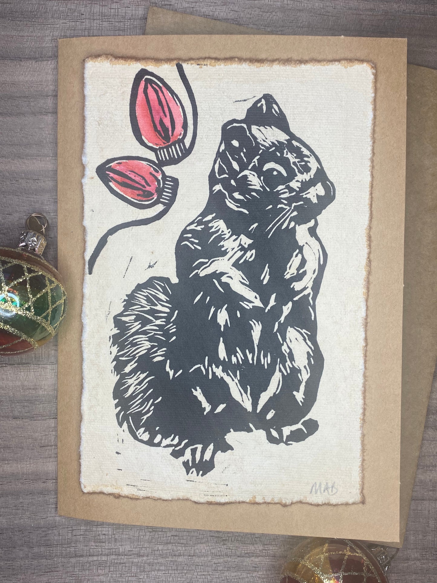 Hand-printed holiday cards: Douglas Squirrel