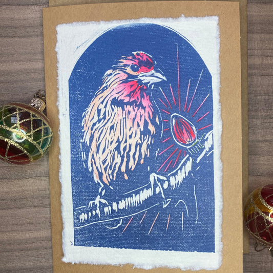 Hand-printed holiday cards: House Finch