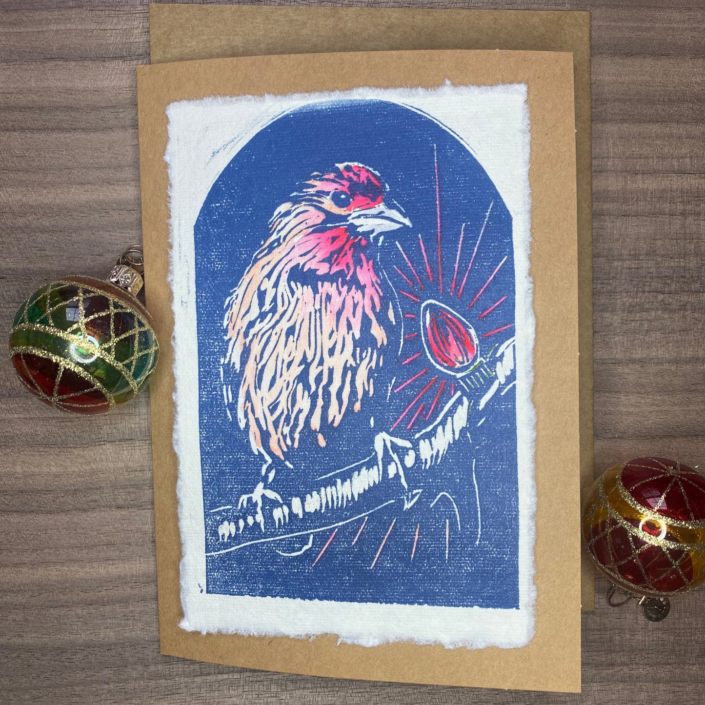 Hand-printed holiday cards: House Finch