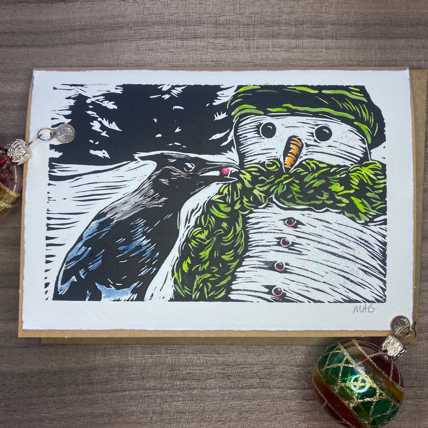 Hand-printed holiday cards: Steller's Jay and Snow Person