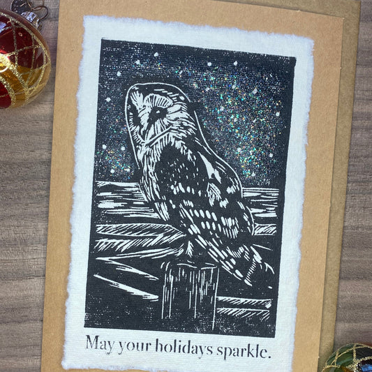 Hand-printed holiday cards: Barn Owl