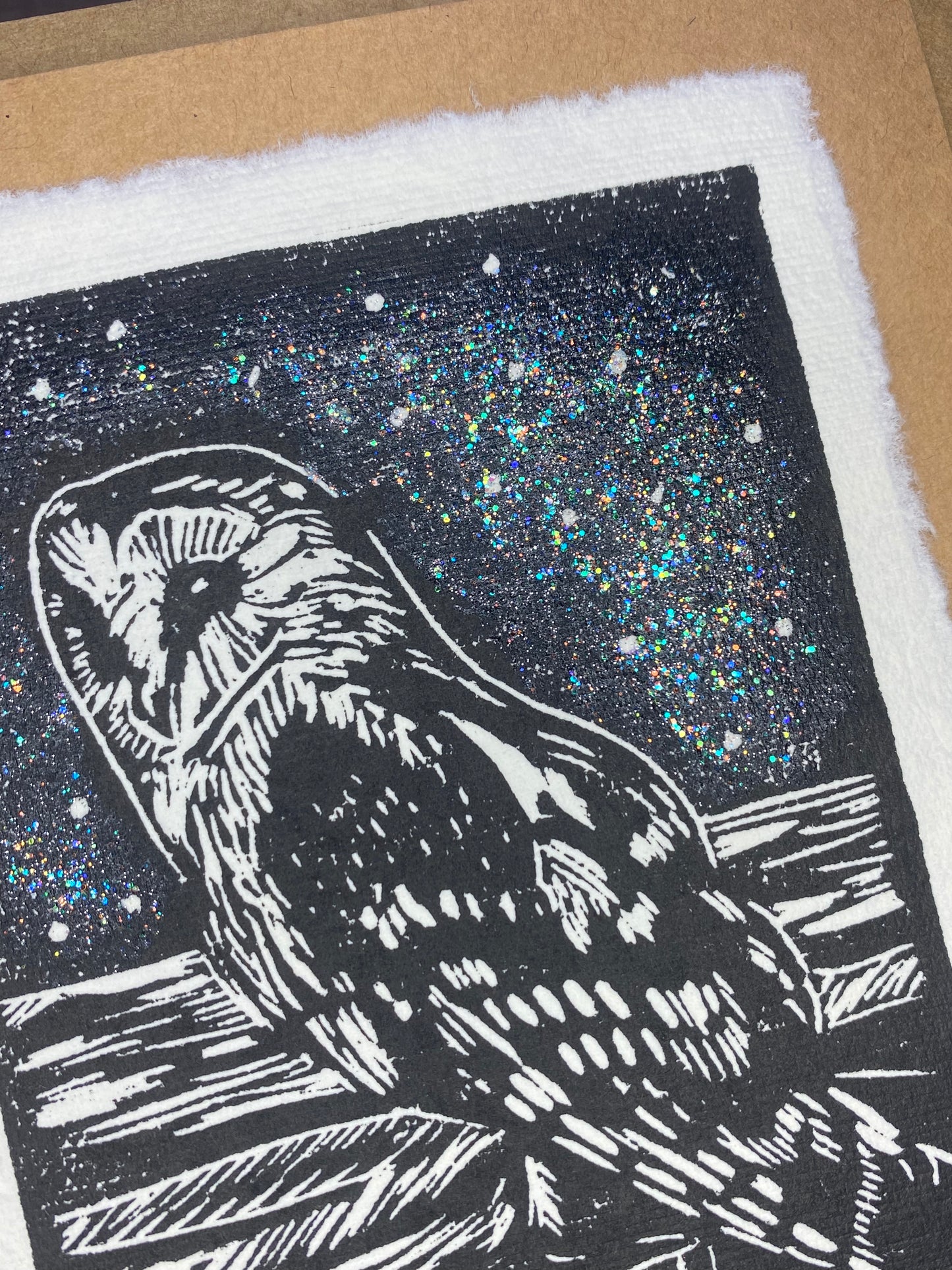 Hand-printed holiday cards: Barn Owl