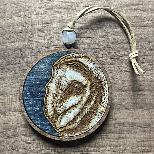 Barn Owl inlaid wood holiday tree ornament