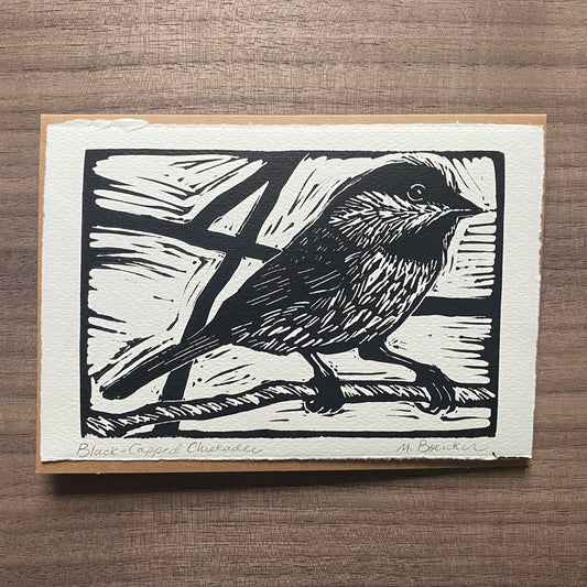 Black-capped Chickadee hand-printed 5x7 frameable art card