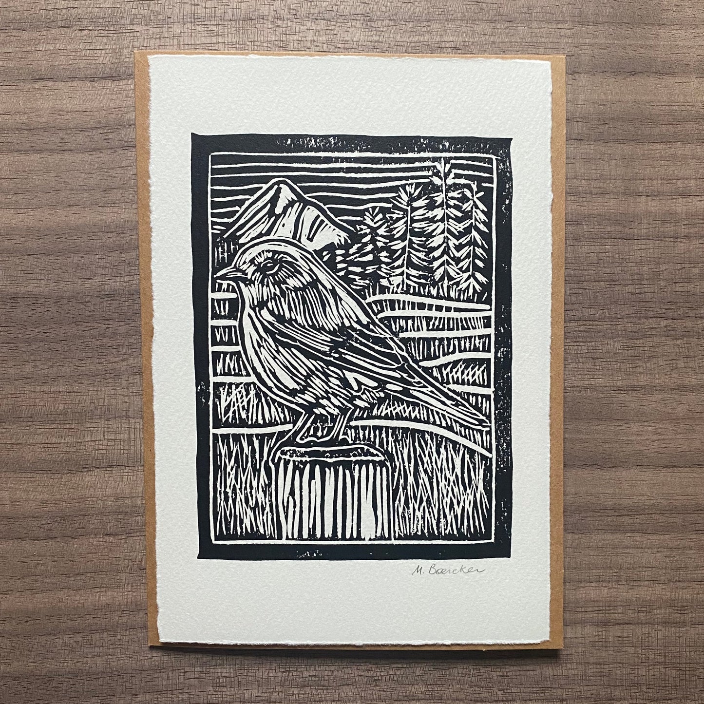 Western Bluebird hand-printed 5x7 frameable art card (black ink)