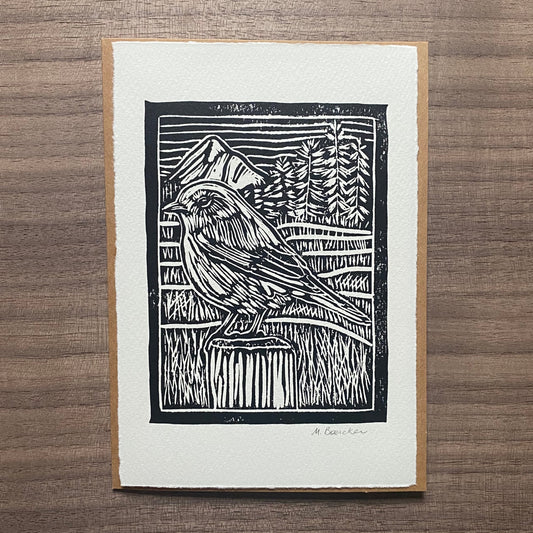 Western Bluebird hand-printed 5x7 frameable art card (black ink)